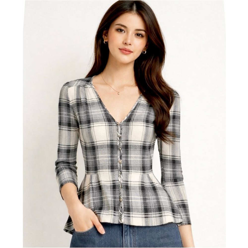 VERONICA BEARD Gingham Plaid Wool‎ Blend Button Up Peplum Ruffle Babydoll Top 4